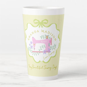 Bow Ribbon Sewing Green White Latte Mug