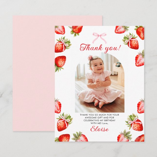 Bow rose fraise 1er Carte de remerciements d'anniv (Devant / Derrière)