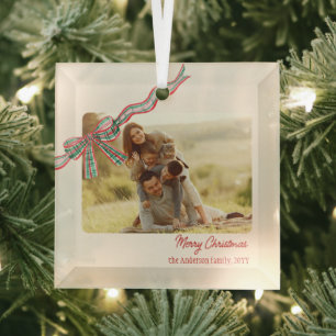 Bow rustic Christmas Photo plaid ribbon Glass Ornament