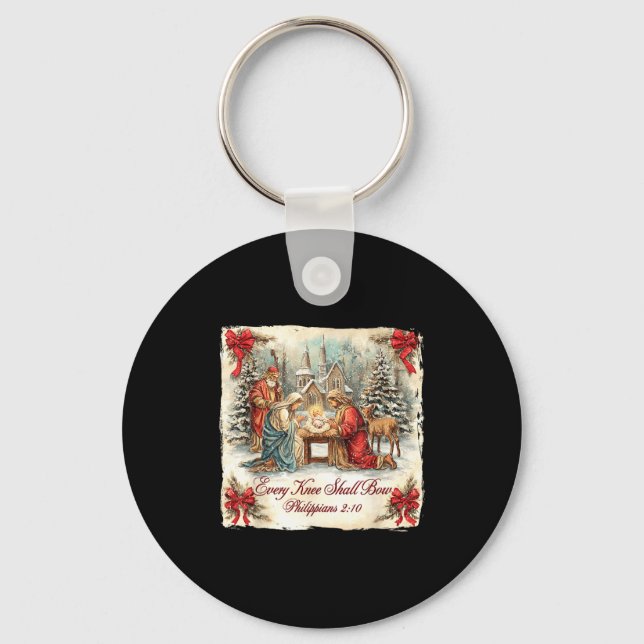 Bow Santa Christmas Nativity Scene Every Knee Shal Keychain (Front)