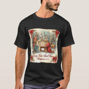 Bow Santa Christmas Nativity Scene Every Knee Shal T-Shirt