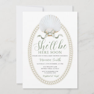 Bow She'll Be Here Soon Sea Shell Cute Baby Shower Invitation