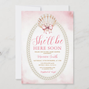 Bow She'll Be Here Soon Sea Shell Cute Baby Shower Invitation