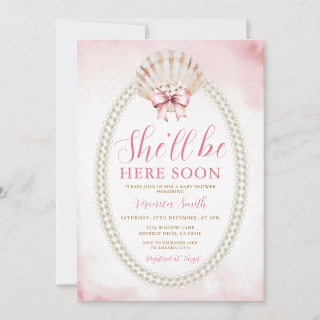 Bow She'll Be Here Soon Sea Shell Cute Baby Shower Invitation (Front)