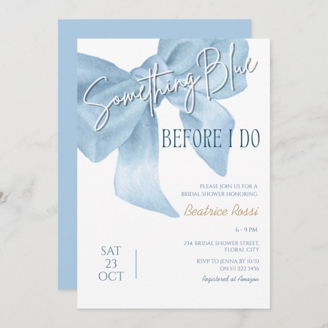 Bow Something Blue Dusty Minimalist Bridal Shower Invitation (Front/Back)