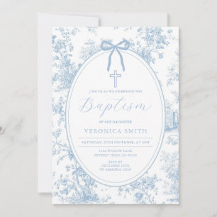 Bow Something Blue Vintage Baptism Cross Floral Invitation