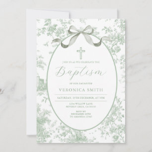 Bow Something Green Vintage Baptism Cross Floral Invitation