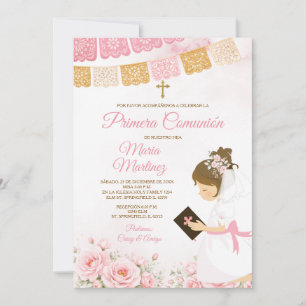 Bow Spanish Girl Praying Pink Primera Comunion Invitation