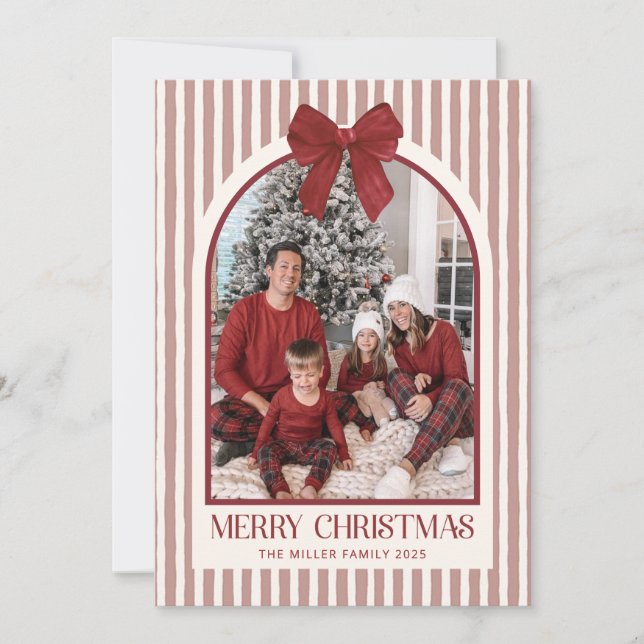 Bow Stripe Family Photo Christmas Holiday Card (Front)