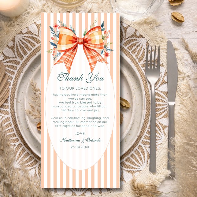 Bow Striped Wedding Place Setting Thank You  Card (Creator Uploaded)