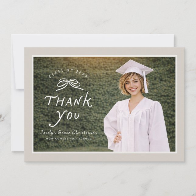 Bow Text Overlay Photo Graduation Thank You Card (Front)