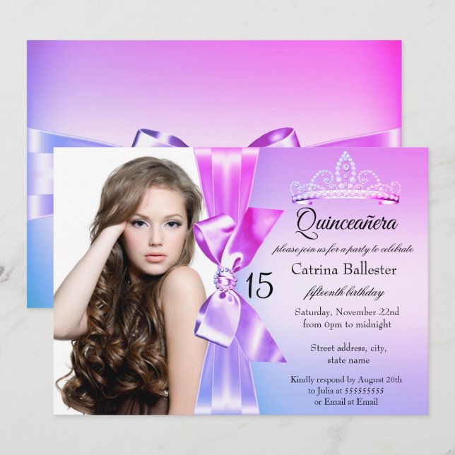 Bow Tiara Quinceanera Invitation rose violet (Devant / Derrière)
