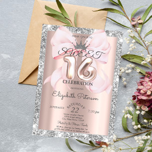 Bow,Tiara,Rose Gold Silver Glitter Sweet 16 Invitation