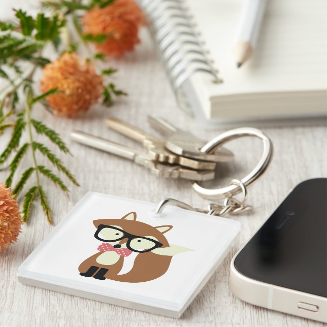 Bow Tie and Glasses Hipster Brown Fox Keychain (Front Right)