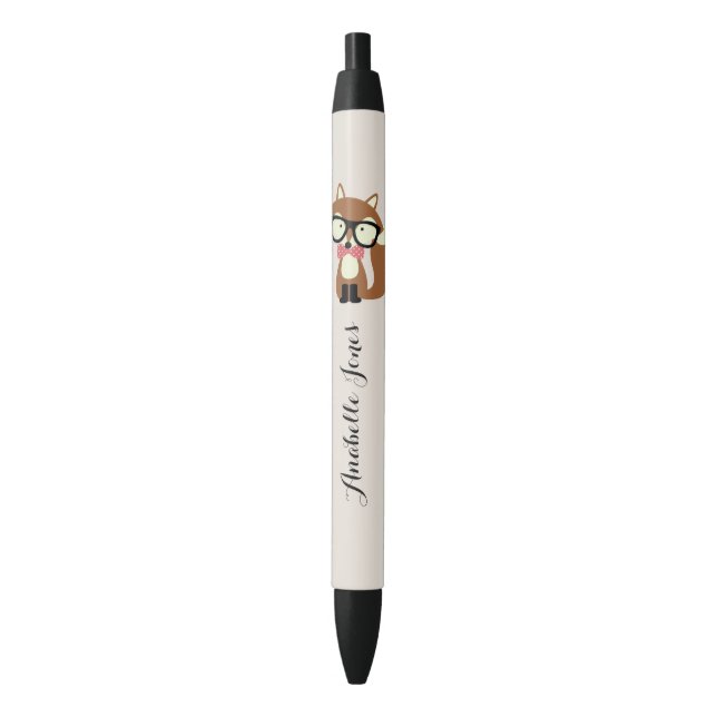 Bow Tie and Glasses Hipster Brown Fox Personalized Black Ink Pen (Front Vertical)