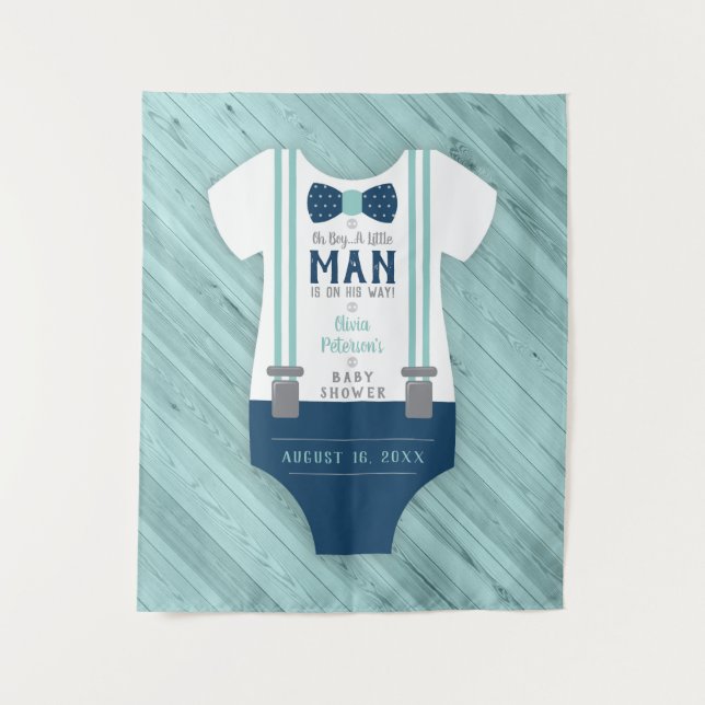 Bow Tie Baby Shower Backdrop, Navy, Aqua Tapestry (Front)