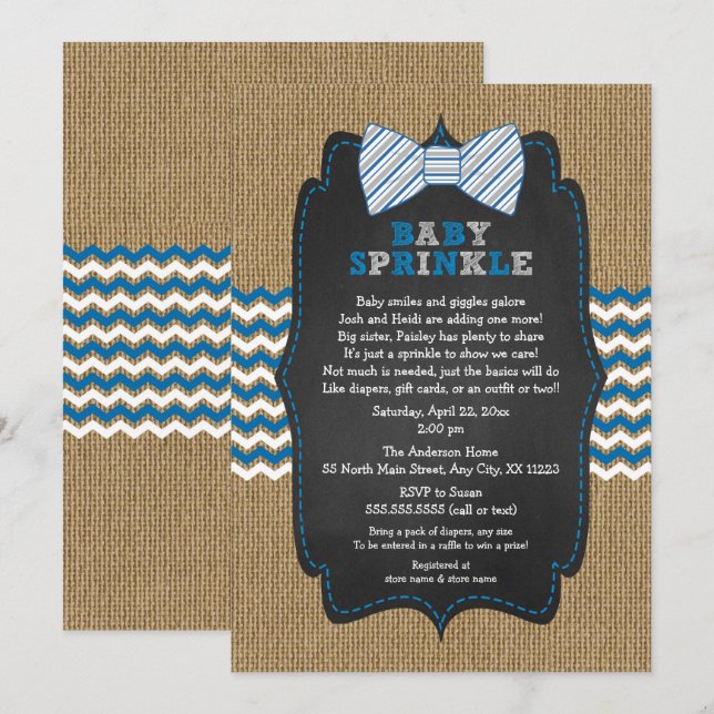 Bow Tie Baby Sprinkle invitations, boy baby shower Invitation (Front/Back)