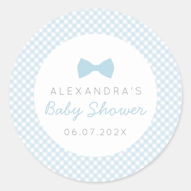Bow tie blue gingham baby shower classic round sticker (Front)