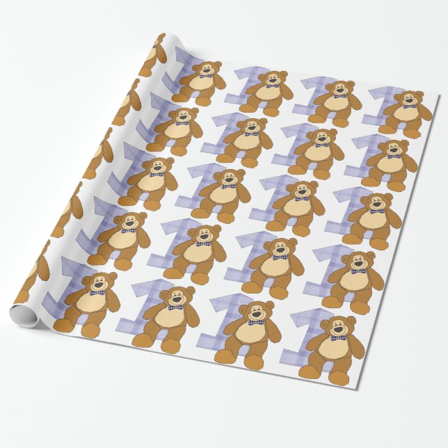 Bow Tie Brown Teddy Bear with Number 1 Wrapping Paper (Unrolled)