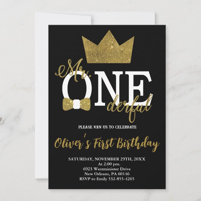 Bow Tie, Little Man, Mr One-derful Birthday Invitation (Front)