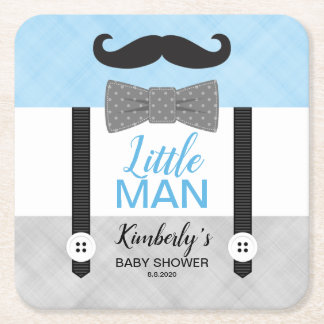 Bow Tie suspenders blue gray boy baby shower Square Paper Coaster