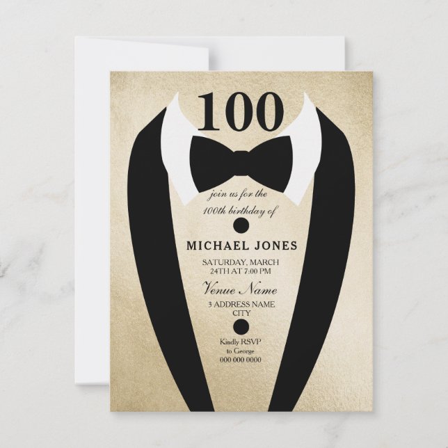 Bow Tie Tuxedo Gold 100th Birthday Party Invite (Front)