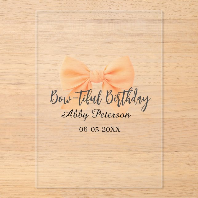 Bow-tiful birthday orange bow name date simple pas acrylic invitations (Front)