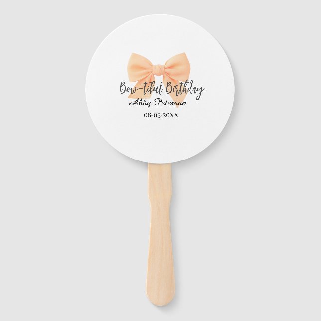 Bow-tiful birthday orange bow name date simple pas hand fan (Front)