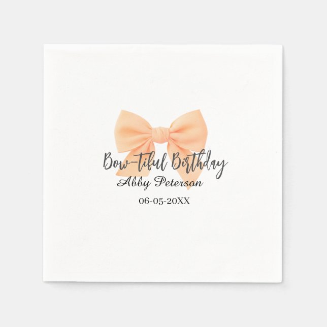 Bow-tiful birthday orange bow name date simple pas napkin (Front)