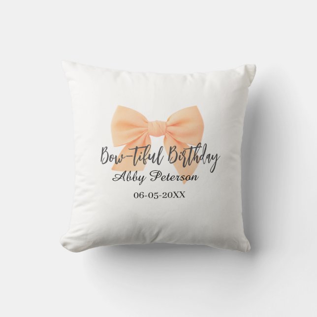 Bow-tiful birthday orange bow name date simple pas throw pillow (Front)