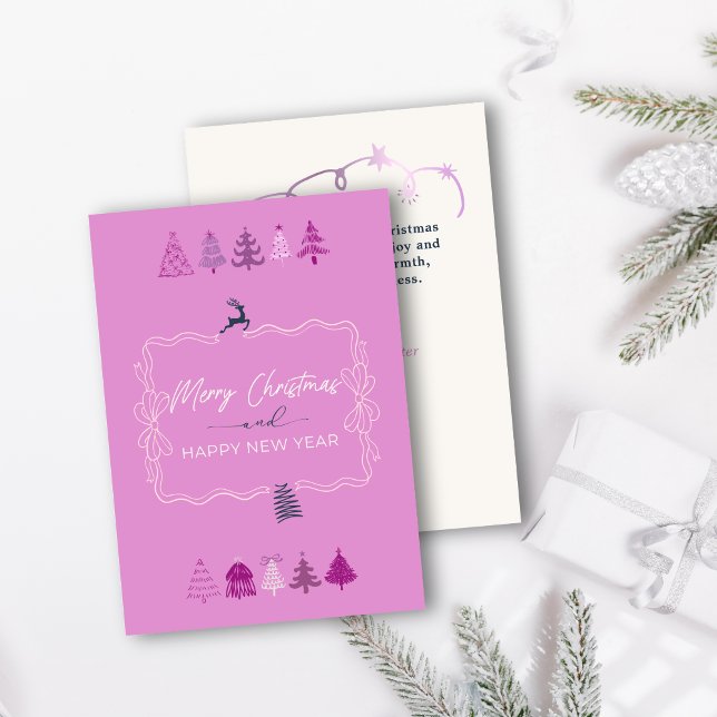 Bow & Trees Doodle Pastel Lavander Carte de vacanc (Festive Bow & Chic Trees Doodle Pastel Lavander Holiday Card)