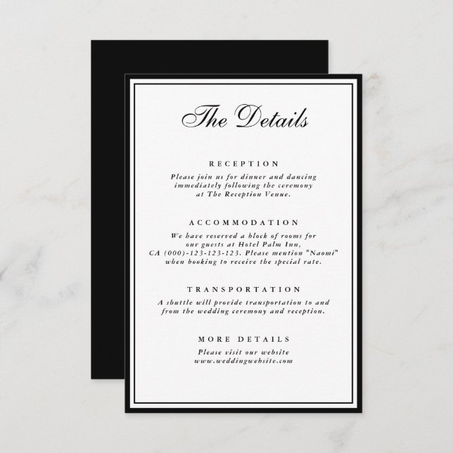 Bow Vintage Black & White Wedding Details Enclosure Card (Front/Back)