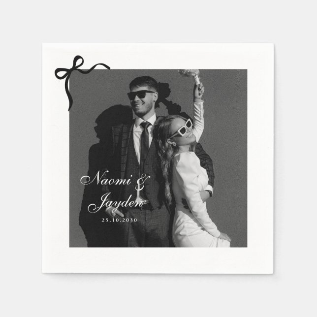 Bow Vintage Script Custom Photo Wedding Napkin (Front)