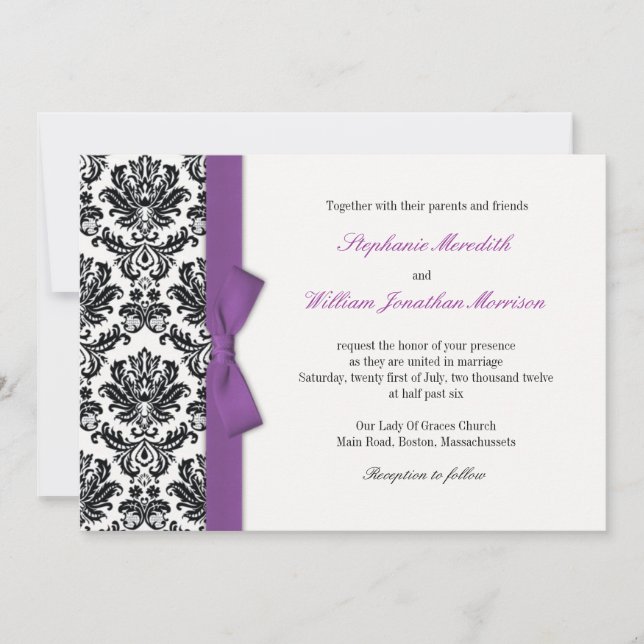 Bow violet avec Mariage damassé Invitation (Devant)