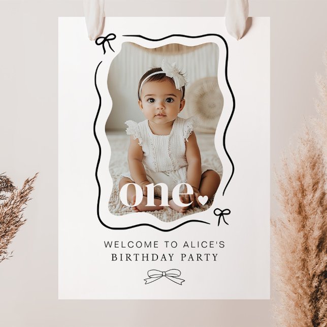 Bow Wavy Border Photo 1st Birthday Welcome Sign (Creator Uploaded)