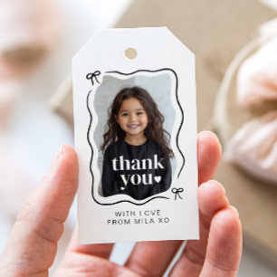 Bow Wavy Border Photo Birthday Gift Tags