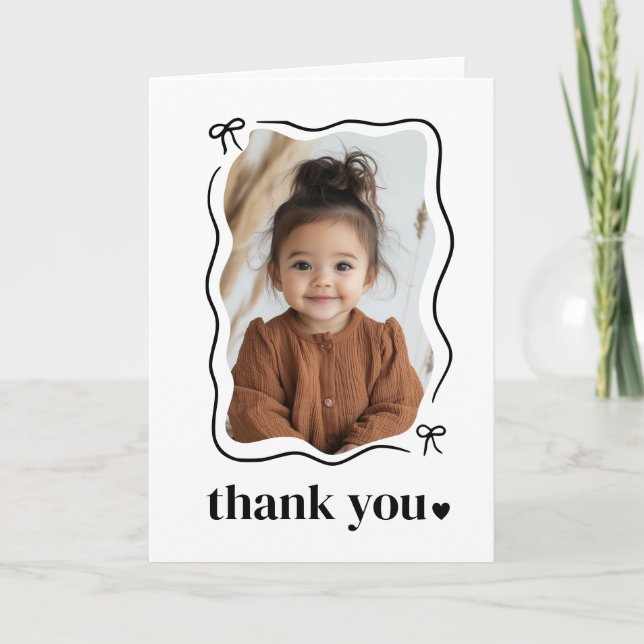 Bow Wavy Border Photo Birthday Thank You Card (Front)