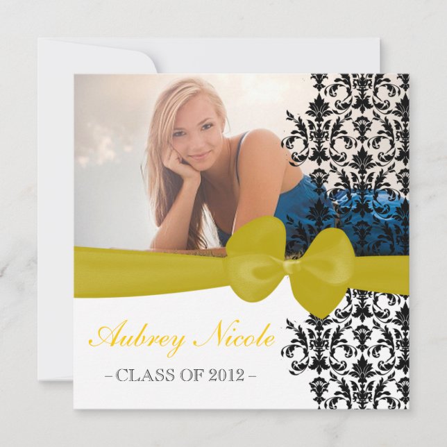 Bowed Floral Damask Graduation Invite [Yellow] (Front)