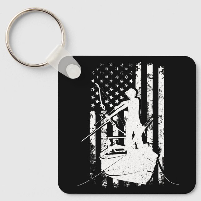 Bowfishing Vintage Look American Flag Bow Hunting  Keychain (Front)