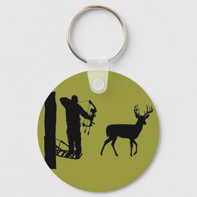 Bowhunter in Treestand Shooting Deer Keychain (Front)