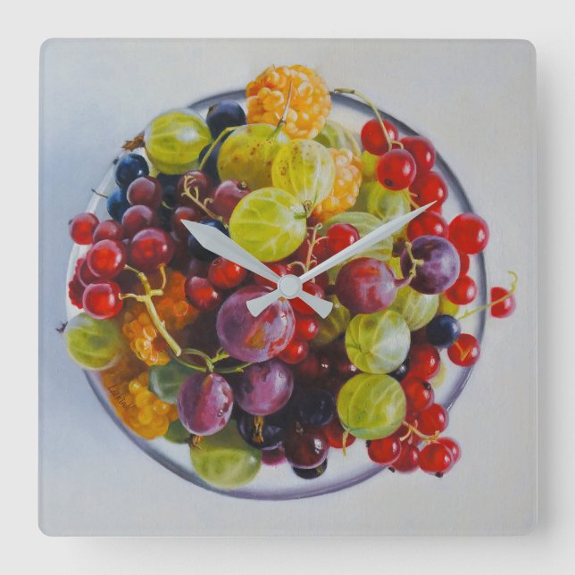Bowl of Berries – Hyperrealistic Fruit Still Life Square Wall Clock (Front)