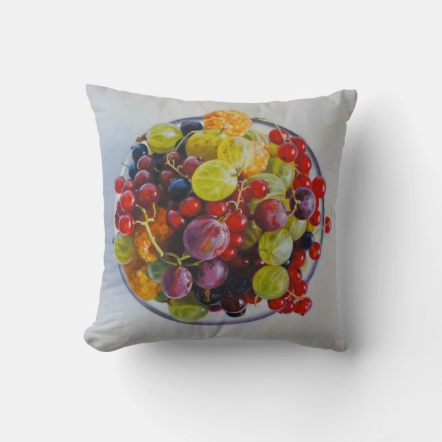 Bowl of Berries – Hyperrealistic Fruit Still Life Throw Pillow (Front)