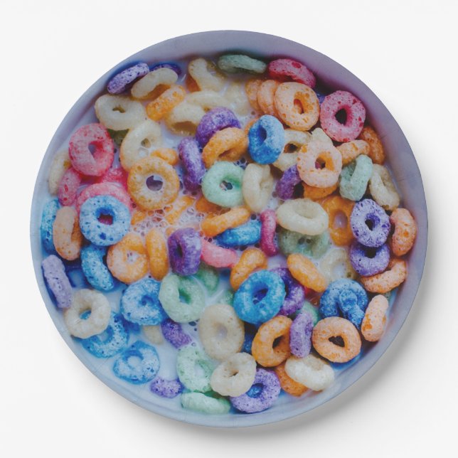 Bowl of Colourful Cereal Disposable Paper Plates (Front)