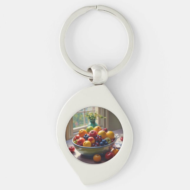 Bowl of fruit on table classical oil painting keychain (Front)