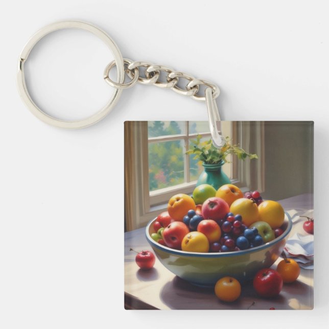 Bowl of fruit on table classical oil painting keychain (Front)