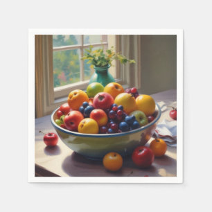 Bowl of fruit on table classical oil painting napkin