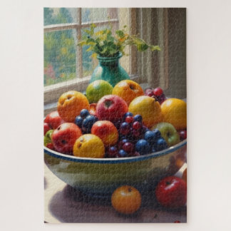 Bowl of fruit sitting on a table oil painting jigsaw puzzle