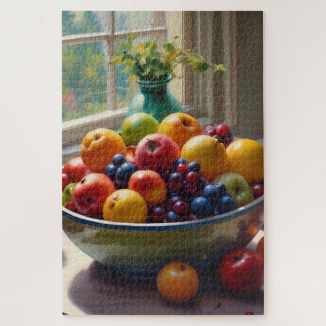 Bowl of fruit sitting on a table oil painting jigsaw puzzle (Vertical)