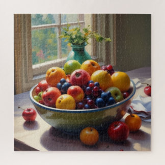Bowl of fruit sitting on a table oil painting jigsaw puzzle