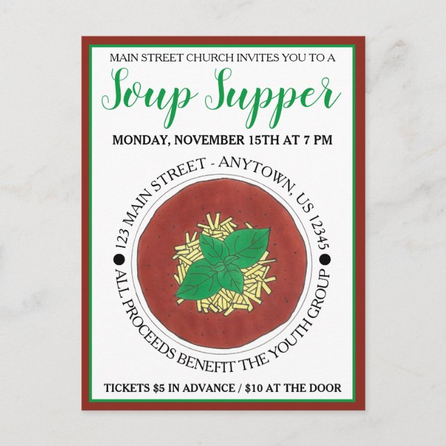 Bowl of Hot Tomato Basil Soup Cookoff Supper Invitation Postcard (Front)